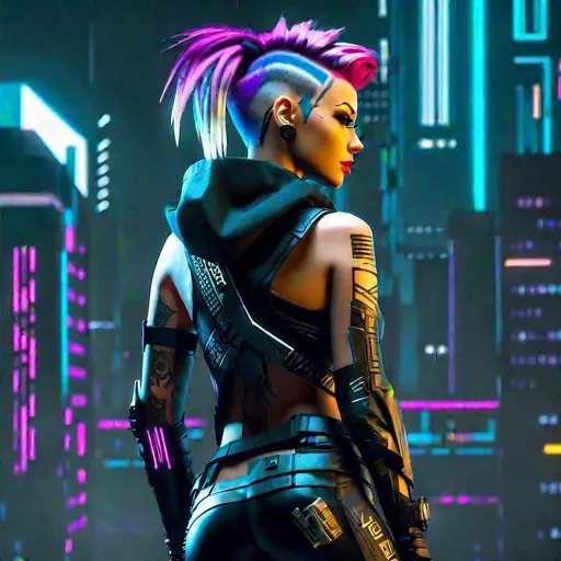 Prompt: Female character, cyberpunk, in the style of the Cyberpunk Edge runners, alt style, dyed hair, punk hairstyle, cybernetic arms