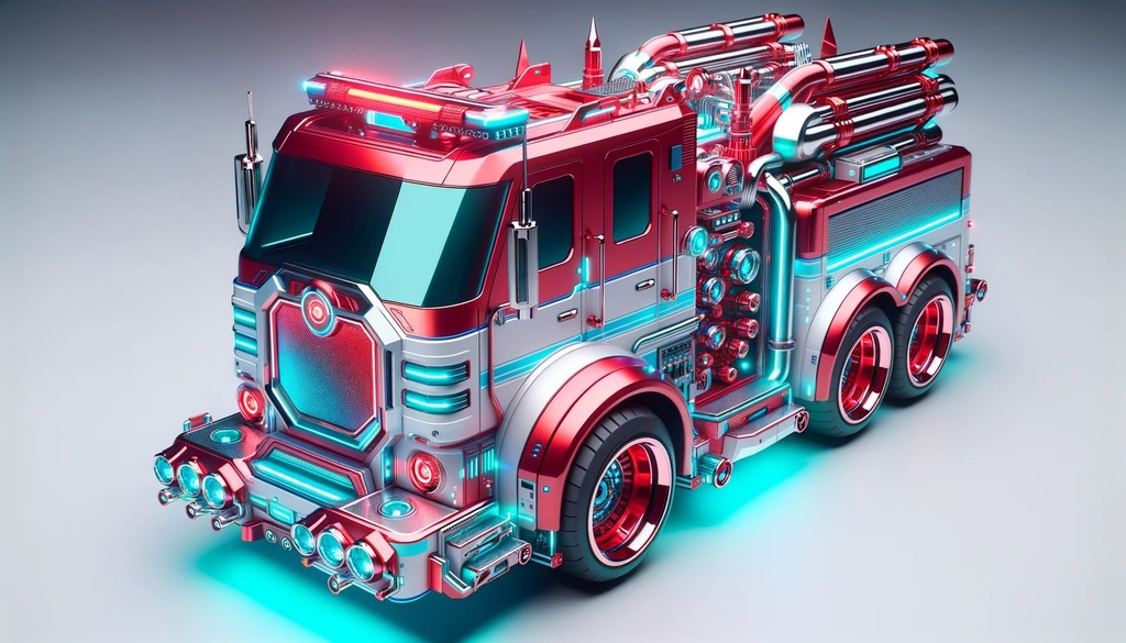 Prompt: 3D render showcasing a futuristic glamour-inspired fire engine in red and cyan colors, with light silver highlights. The design is influenced by anime aesthetics.