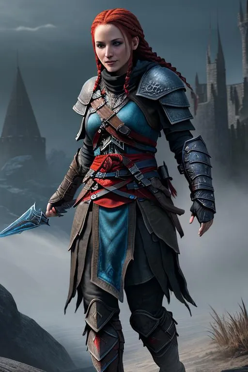 Prompt: Digital art, Assassin's Creed Valhalla black gear, (((DreamShaper Version 1))), Berk of How to Train Your Dragon, viking woman, subtle smile, red hair, cornrow braids, blue eyes, black gear, black armor, unreal engine, 8k octane, 3d lighting, full body, full armor