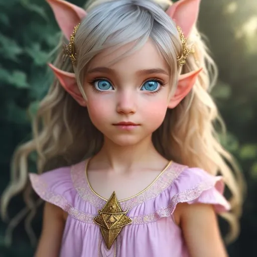 Prompt: A  child female, with blue eyes, blonde, hair, pointed elf ears, wearing a pink dress medieval style located in a bright castle nursery. Symmetrical face and eyes child physique. Luis Royo stlye Amy Sol style
