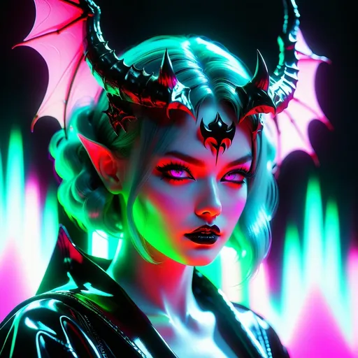 Prompt: beautiful female demon, hell, demonic, gothic, vaporwave, retro, neon, aesthetic, liminal, high quality, high definition, beautiful, dramatic lighting