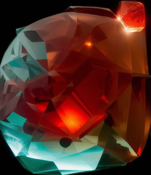 Prompt: A randomly faceted translucent crystal with a red glowing ball of energy emanating from the center