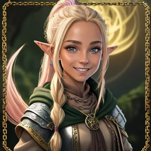 Prompt: oil painting, D&D fantasy, (23 years old) lightly tanned-skinned hobbit girl, (tiny petite body), beautiful face, mischievous grin, long ponytail dirty blonde with pink highlights hair, short small pointed ears, mischievous grin looking at the viewer, wearing chain mail with a dark green cloak and casting a holy elemental spell #3238, UHD, hd , 8k eyes, detailed face, big anime dreamy eyes, 8k eyes, intricate details, insanely detailed, masterpiece, cinematic lighting, 8k, complementary colors, golden ratio, octane render, volumetric lighting, unreal 5, artwork, concept art, cover, top model, light on hair colorful glamourous hyperdetailed medieval city background, intricate hyperdetailed breathtaking colorful glamorous scenic view landscape, ultra-fine details, hyper-focused, deep colors, dramatic lighting, ambient lighting god rays, flowers, garden | by sakimi chan, artgerm, wlop, pixiv, tumblr, instagram, deviantart
