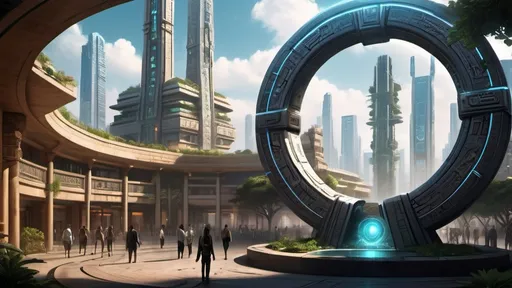 Prompt: magical portal between cities realms worlds kingdoms, circular portal, ring standing on edge, upright ring, freestanding ring, hieroglyphs on ring, complete ring, ancient aztec architecture, gardens, hotels, office buildings, shopping malls, large wide-open city plaza, turned sideways view, futuristic cyberpunk tech-noir setting