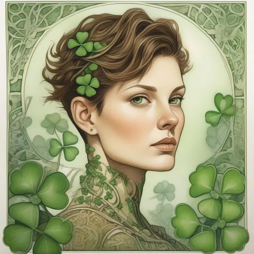 Prompt: portrait of a beautiful brown haired woman with green shamrocks,  very short and spiky pixie undercut with shaved sides, intricate, sharp focus, in the style of Ivan Bilibin, Ernst Haeckel, Daniel Merriam, watercolor and ink