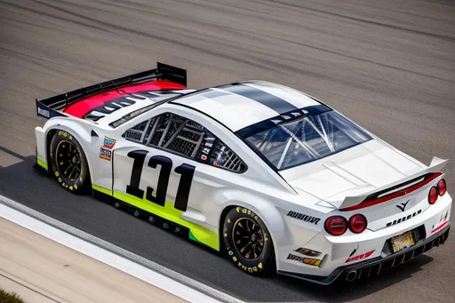 Prompt: No wing, Next Gen Nascar stock car, spoiler on trunk, sponsored by OpenArt, white and dark grey color scheme