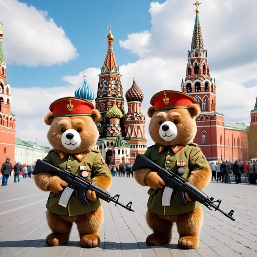 Prompt: two small cute and furry brown bears in russian military uniform with Ak47 rifles in hands, before Saint Basil's Cathedral with russian flag