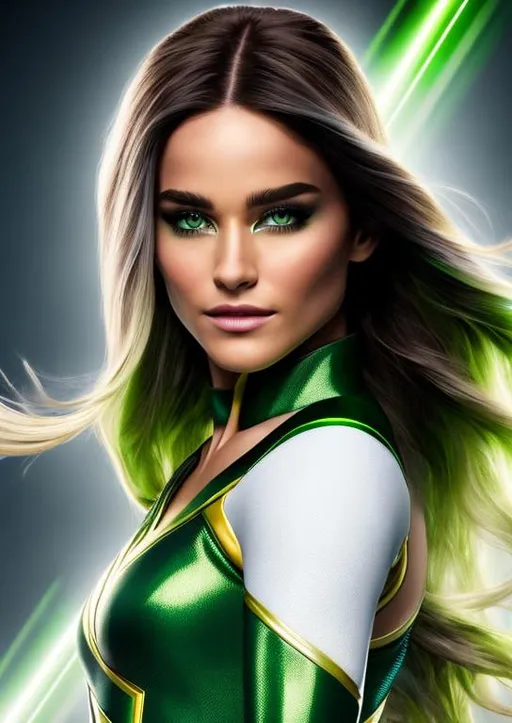 Prompt: High-resolution hyperrealistic photo of x-man rogue merged with polaris lorna dane, white streak in hair, green and gold and white costume, uhd, hdr, 64k