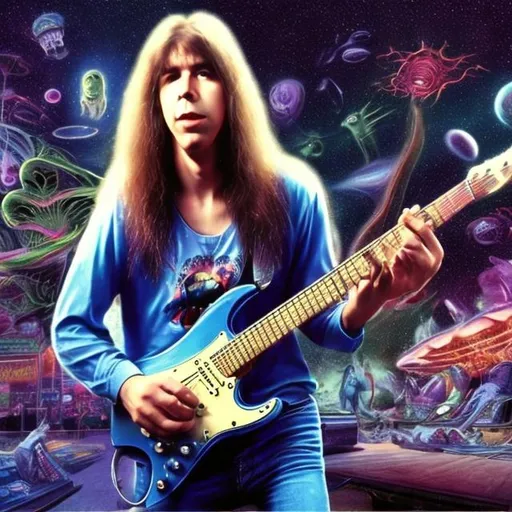 Prompt: Realistic 25 year old Uli Roth playing guitar for tips in a busy alien mall, widescreen, infinity vanishing point, galaxy background