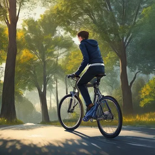 Prompt: Riding fast looking up 13 year old young Boy lightbrown hair wearing a (white tanktop)+ and dark gray darkblue worn baggy longsleeve hoodie black jeans lightbrown shoes riding his bicycle rural area, house, trees in background two magpies, art, concept art, artstation, cinematic composition, dynamic angle,  close up face side midday beautiful nature colors blue sky