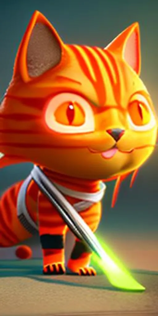 Prompt: Orange ninja cat with sword photorealistic, unreal engine 5, RTX, ray tracing, fine detail fur, glowing eyes, flowing Japanese sun headband