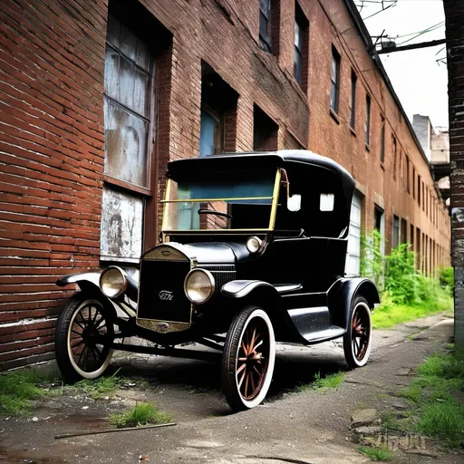 Prompt: Model T Ford in an abandoned alleyway
