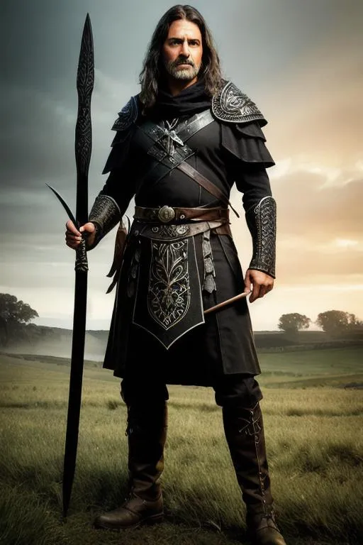 Prompt: middle age man, holding black spear, spear with raven carving, standing over field of dead bodies, bloody, torn clothing, exhausted, full body view, Hyper-realistic, perfect, intricate, symmetrical, wide eyes, soft-lighting, detailed-face, high details, UHD, real hands, proper hands, real fingers, proper fingers, no deformed parts