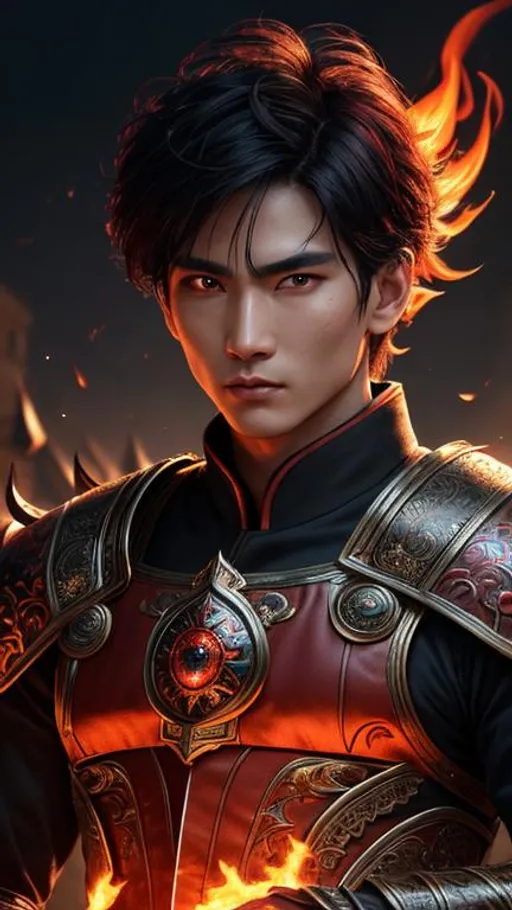 Prompt: best quality, hyper detail, ultra detailed, extremely detailed, intricate detail, perfect face, male, handsome, asian, small face, small nose, fiery magic Armor, right over hair cut, Demon kingdom background, strong vibes, fighter vibes, demon face, dark background, night, Fiery eyes, red eyes, waking from far away, Facing straight towards viewer