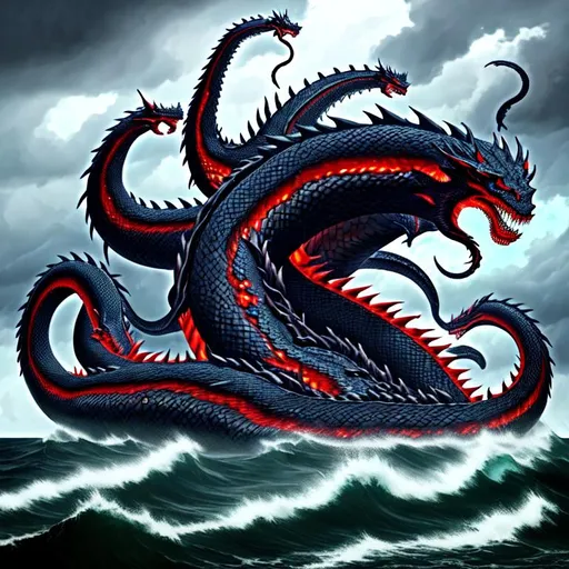 Prompt: Demon of Envy Leviathan , the seven headed serpentine dragon of gargantuan size in the scenery of a stormy ocean, white scales, glowing red eyes, realistic