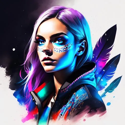 Prompt: European young woman, night city, detailed symmetric crocodile eyes, Milky Way, city, red/blue/white Apache national clothing, head feathers, Mexican skull makeup, Intricately Detailed Splash Art Triadic Color Trend Artstation Unreal Engine 5 Volumetric Lighting, Gothic , High resolution, close-up, ambient light, Nikon 15mm f/1.8G, by GIlSam-paio octane rendering depicting innovation and truth, 8k, by Lee Jeffries, Alessio Albi, Adrian Kuipers, glamour, intricate detailed environment, lace, smudges , dark watercolor background, masterpiece, ornate, depth