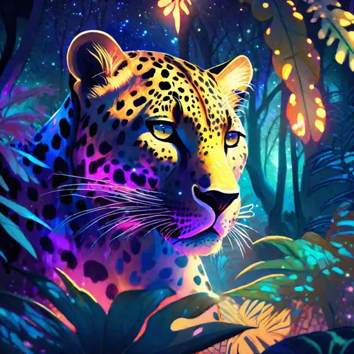 Prompt: An fantasy translucent leopard that is glowing, in a jungle, beneath the stars, sunset, highres, best quality, concept art