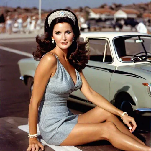 Prompt: Young Lynda Carter looking cute and Beautiful in a headband and a micro mini Dress