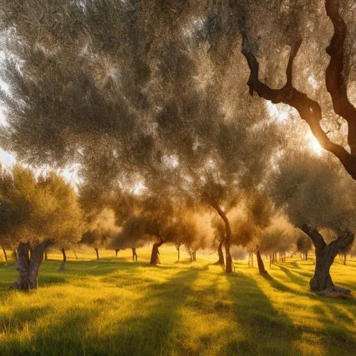 Prompt: 
A serene, rustic olive grove bathed in golden sunlight with green grass