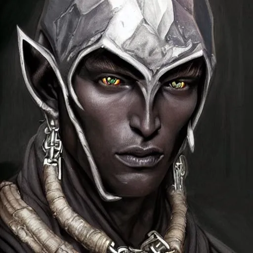 Prompt: a portrait of a dark drow elf male, dark hood, young adult, amber alert eyes, midnight skin, silver chain around neck, curious, style by donato giancola, wayne reynolds, jeff easley dramatic light, high detail, cinematic lighting, artstation, dungeons and dragons