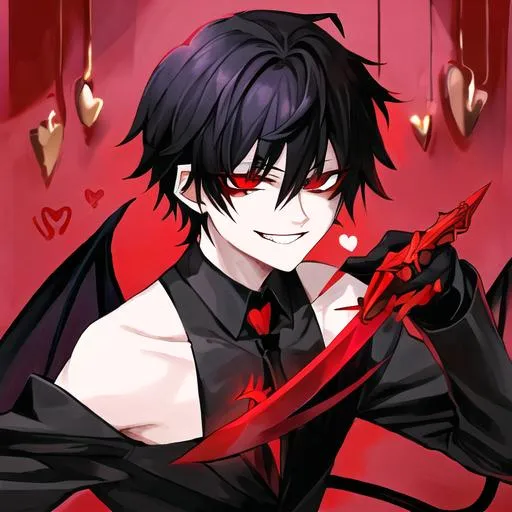 Anime boy with red and black hair with black hood wi