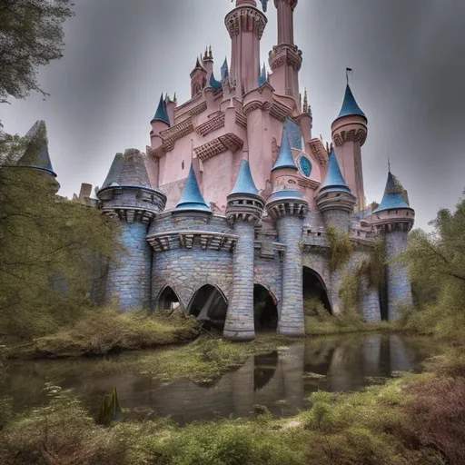 Prompt: Abandoned Disney castle 