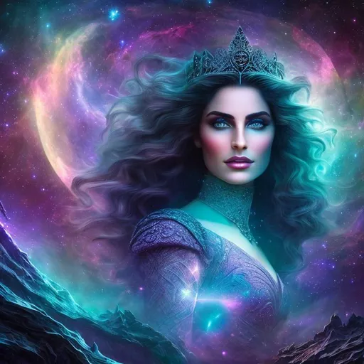 Prompt: Witch as a Princess of persia, detailed face, detailed eyes, perfect long hair, surreal beauty, soft light, Abstract fractal art background, surrounded by old ruined Castle in Prince of Persia, surrounded by  full color space nebula and super nova planets and moon on julia clusters newton fractal voronoi, long shot