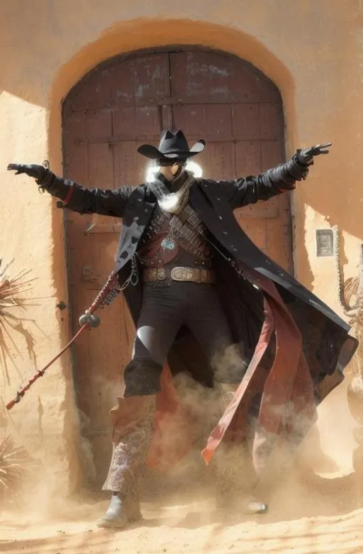 Prompt: Cyber Cowboy with 4 Arms, fiery red Poncho, Dressed in black duster and Stetson Cowboy Hat, with Red eyes, Haunting Presence, Intricately Detailed, Hyperdetailed, Desert Wild West Landscape, Dusty Midnight Lighting, Wild West Feel