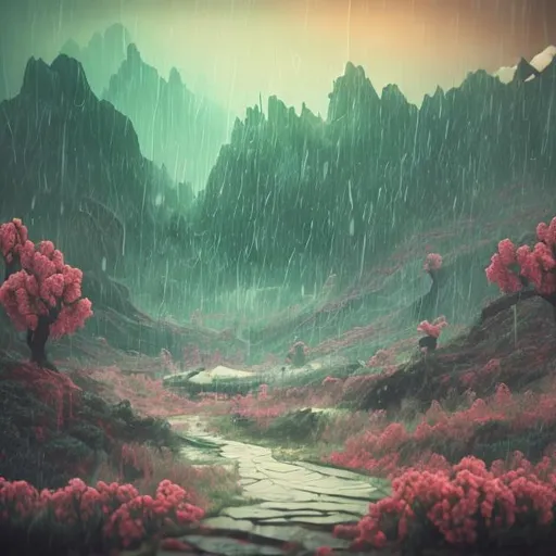 Prompt: Persephone concept landscape in vintage with rainy vibe