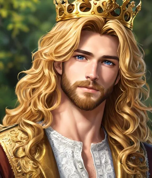 Prompt: Long-shot hyper realistic oil painting, Hudson, 8k, of a ruggedly handsome,20 year old prince,  strong musculatute, FULL BODY,golden crown, a short blonde wavy hair, short scruffy beard, very detailed eyes, centered in frame, intricate details, very detailed eyes, correct perspective, natural light