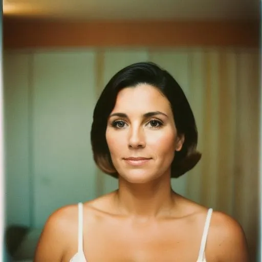 Prompt: professional portrait photography, ,clear facial features, cinematic lighting, 50mm lens, f/1.8, photo of a beautiful 40 year old woman in an abandoned hotel room, shot on polaroid 600