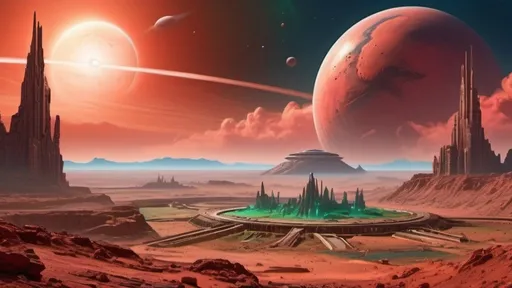 Prompt: ancient alien ruins in foreground, alien city in the distance surrounded by a fortified wall, planet mars setting, sky filled with red clouds, a huge blue-green planet hangs in the sky, highly detailed, photo realistic