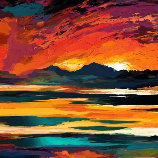 Prompt: a landscape with a setting sun over a lake in an abstract art style