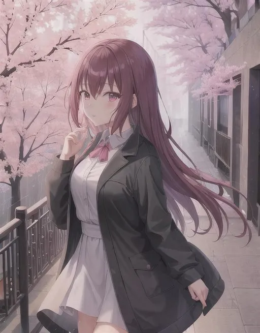 Prompt: Dark Future, raining,sakura tree background Anime girl