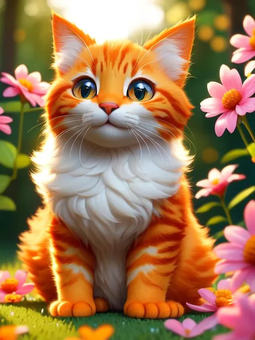 Prompt: Disney Pixar style cute orange cat, highly detailed, fluffy, intricate, big eyes, adorable, beautiful, soft dramatic lighting, light shafts, radiant, ultra high quality octane render, daytime forest background, field of flowers, hypermaximalist