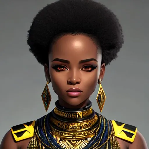 Prompt: Full body of a African young adult  woman {character} with cyberpunk hair, petite nose, muscular, black eyes, square jaw, heart-shaped face, cleft chin,  {background}, perfect composition, hyperrealistic, super detailed, 8k, high quality, trending art, trending on artstation, sharp focus, studio photo, intricate details, highly detailed, by greg rutkowski