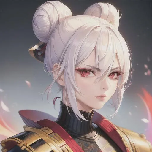 Prompt: (masterpiece, illustration, best quality:1.2), short samurai bun hair style, white hair, red eyes, wearing samurai armour, portrait, (mean face), best quality face, best quality, best quality skin, best quality eyes, best quality lips, ultra-detailed eyes, ultra-detailed hair, ultra-detailed, illustration, colorful, soft glow, 1 woman, mature woman, samurai theme