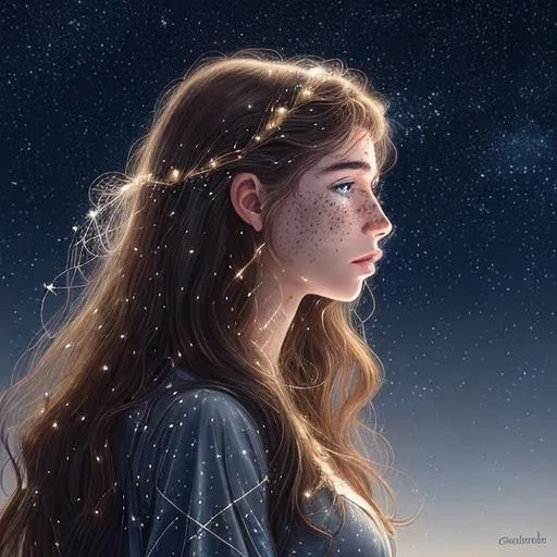 Prompt: A beautiful and powerful caucasian Canadian/Irish/French/American with light freckles woman (goddess of the night sky) with magical flowing brunette hair in the style of constellations and the night sky flowing and fading into stars, starting confidently profile picture