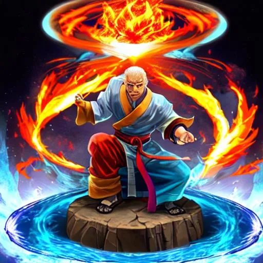 Prompt: The master of all 5 powers, Fire, Ice, Water, earth, Electricity, sensei