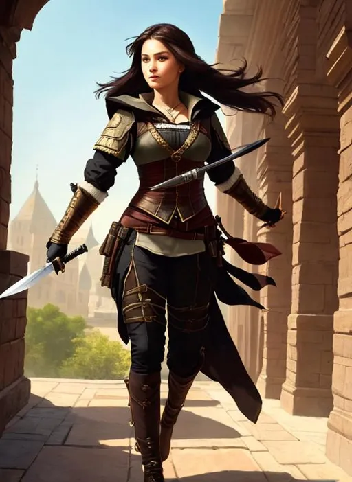 Prompt: Female assassin with a knife, (1girl:1.2), Rembrandt, (((Masterpiece))), ((((Whole Full Body in the Frame)))), ((((Perfect Anatomy with 8 Life Size))), ((photo quality)), 16k Resolution, Highly Realistic, Extremely Sweet and Cute and Beautiful Face, (((Beautiful high photorealistic style Woman running))), ((muscular)), ((fit)), ((Full covered white tunic)), (Silver armor with glowing golden filigree details and ornamental pauldrons),  cinematic light, (((fantastical moonlight in the sky full of stars ancient Greek city and ruins background))), ((depth of field)), ((clean detailed faces)), fractal isometrics details bioluminescence, intricate clothing, analogous colors, Luminous Studio graphics engine, trending on artstation Isometric Centered hyperrealist cover photo awesome full color, gritty, glowing shadows, high quality, high detail, high definition,  slim waist, nice hips, medieval clothing 