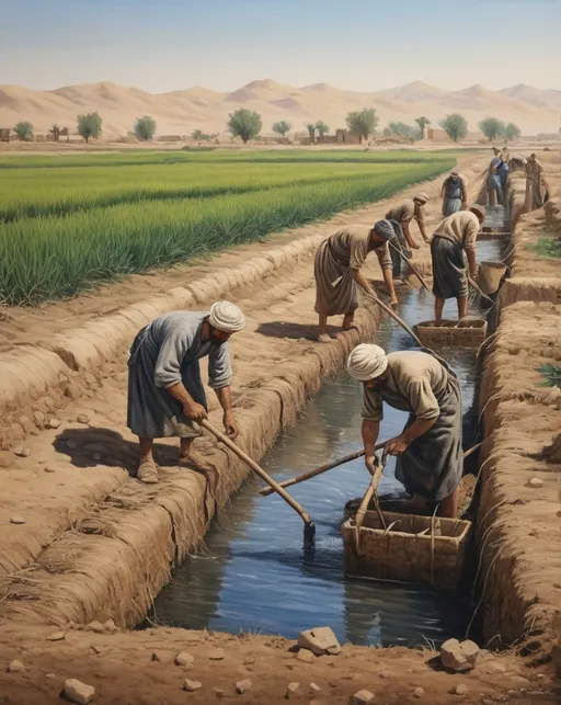 Prompt: historical old oil painting of a realistic scene Mesopotamia, people working in irrigation works in the fields of mesopotamia high detail, uhd, 8k