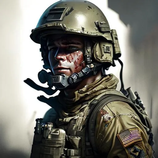 Prompt: highly detailed, close-up photography of a male face, us army, helmet on, blood on face, tired out soldier in the midst of a gun shoot out in desolate dystopian world, potrait
