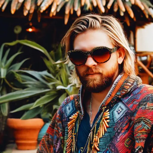 Prompt: Sven, Swedish DJ, blonde, bearded, beaded necklace, house plants, navajo pancho, sunglasses, cool, shique, anime, bohemian, adobe house, gold earrings, feathers, the future