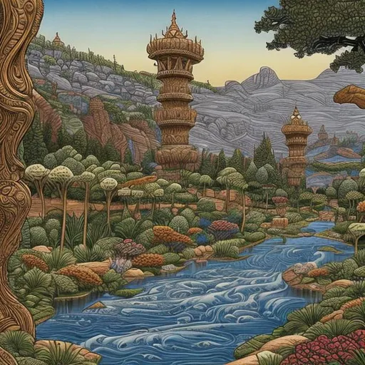 Prompt: by a lavish river highly detailed, full colour, in the style of leonard hale