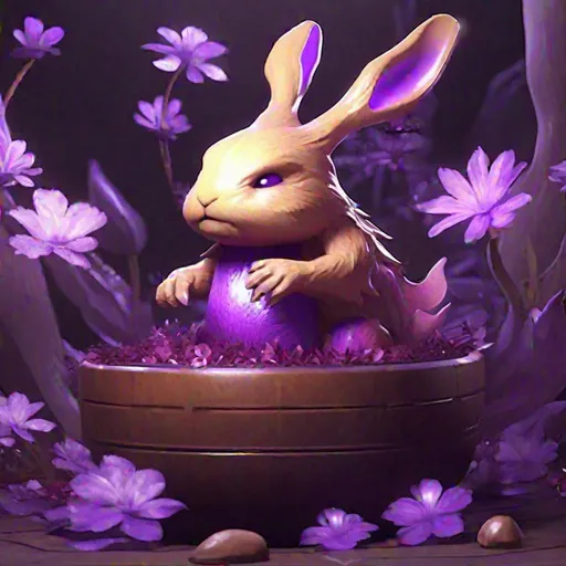 Prompt: Bipedal creature resembling a violet rabbit, inside a light-brown pot, surrounded by iridescent violet flower petals, masterpiece, best quality, in final fantasy style