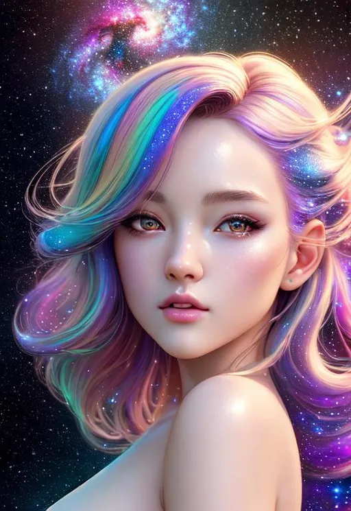 Prompt: ((best quality)), ((masterpiece)), ((realistic)), (detailed) hd octane render, trending on artstation,illustration photographic, digital painting, attractive ,1girl,galaxy ,full body, galaxy hair,masterpiece face, elegante,colorful galaxy background,(((close up face shoot))), dim lights, 8k uhd, realistic, Nikon z9, raytracing, focus face, (sharpness:2. 0)