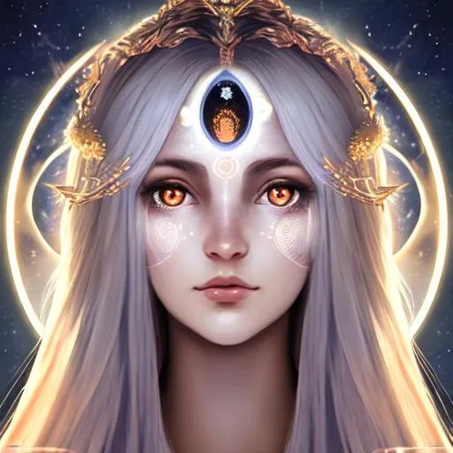 Prompt: A portrait of a beautiful moon goddess, glowing eyes, shining hair, symmetrical face, soft skin, 