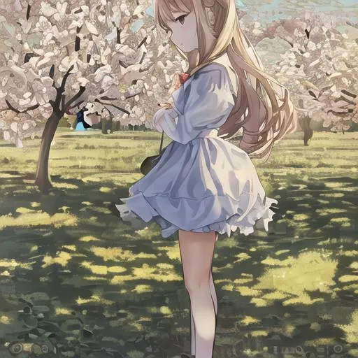 Prompt: a girl standing next to a apple tree
