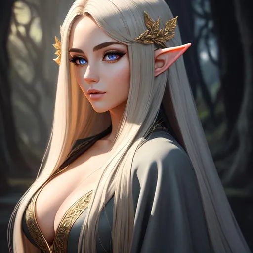 Prompt: Oil painting, Chiaroscuro, landscape, UHD, 8K, highly detailed, panned out view of the character, visible full body, a hyperdetailed mage elven woman, hyperdetailed long hair, masterpiece, hyperdetailed full body, hyperdetailed feminine attractive face and nose, complete body view, ((hyperdetailed eyes)), perfect body, perfect anatomy, beautifully detailed face, alluring smile, ((fantasy_gown1.3)), small chest
