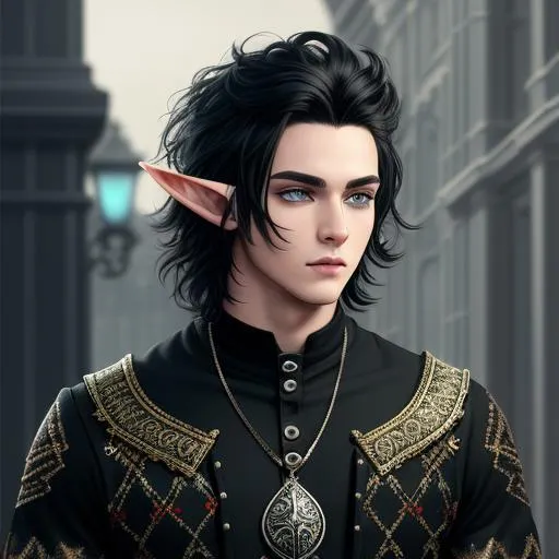 Prompt: A hyper realistic detailed character  thats (( young male)) poster ((full body)) image of a half-elf masked ((male)),  with ((cute jumper)) with ((black hair)) a gothic jumper, jewelry set, balayage wild hair, highly detailed, digital painting, Trending on artstation, HD quality, ((by Prywinko)), ((kind)), ((not a fighter)), boots named shadow mage sparks 